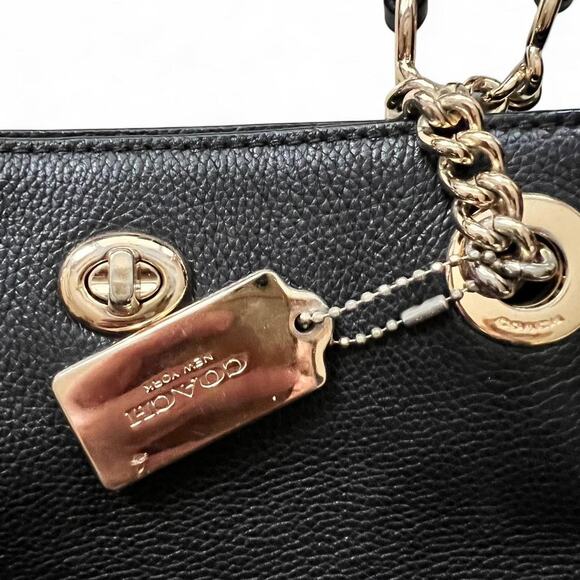 Coach Turnlock Black Pebbled Leather Tote Bag Gold Chain Handles Large Shoulder - Picture 6 of 8